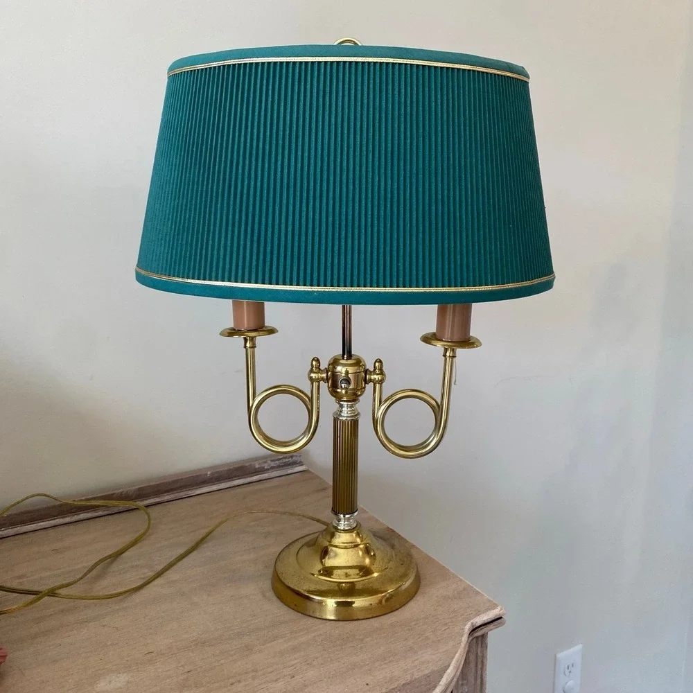 Vintage Brass Alsy French Horn Lamp With Original Shade
